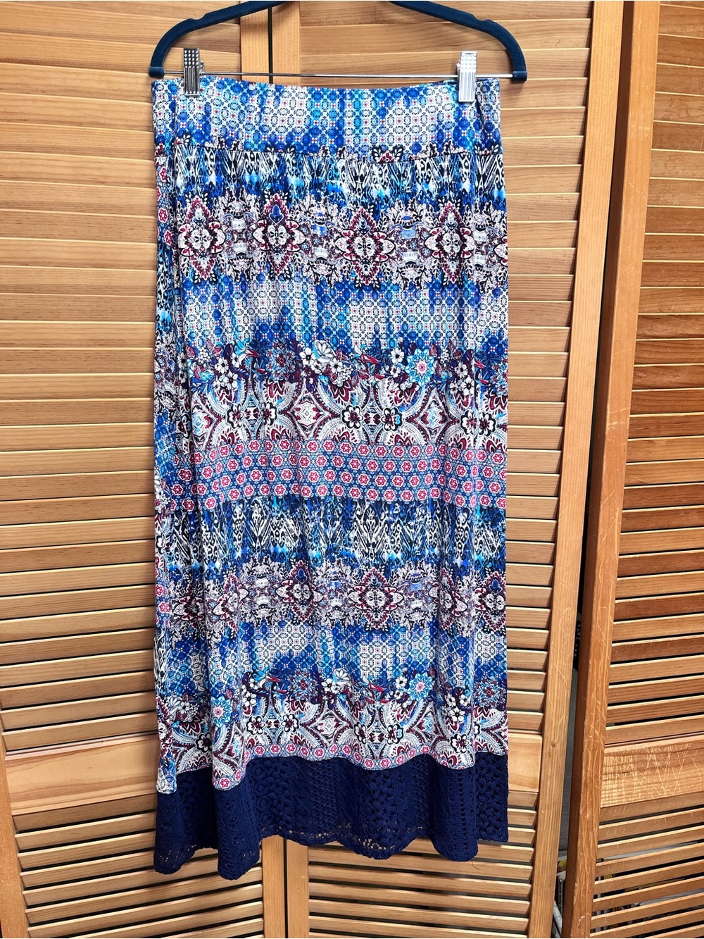 Dress Barn Blue Multi-Pattern Crochet-Hem Maxi Skirt